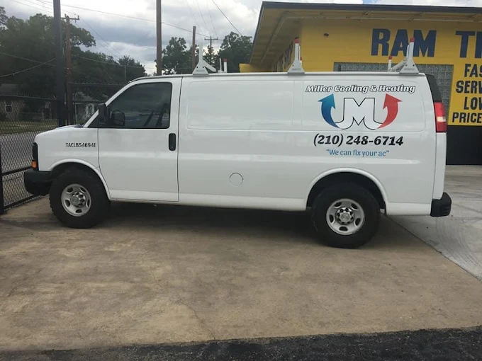 Miller Cooling & Heating white service van in San Antonio, TX